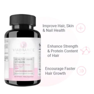 Viabrance Healthy Hair Vitamin bottle with benefits listed.